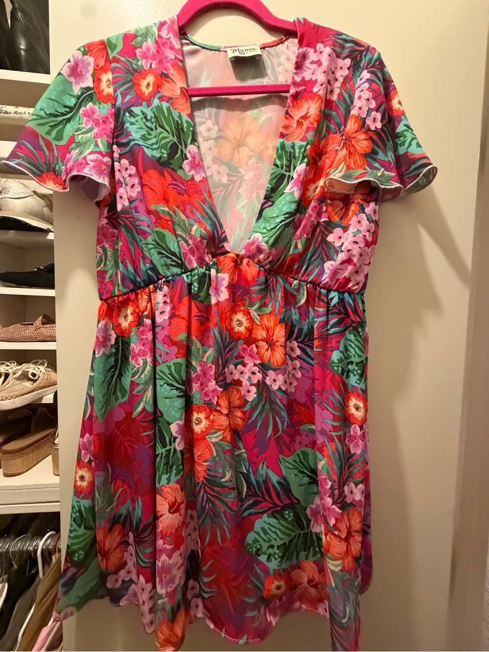 Show Me Your Mumu Tropical Floral V-Neck Mini Dress - Bright Pink & Green
